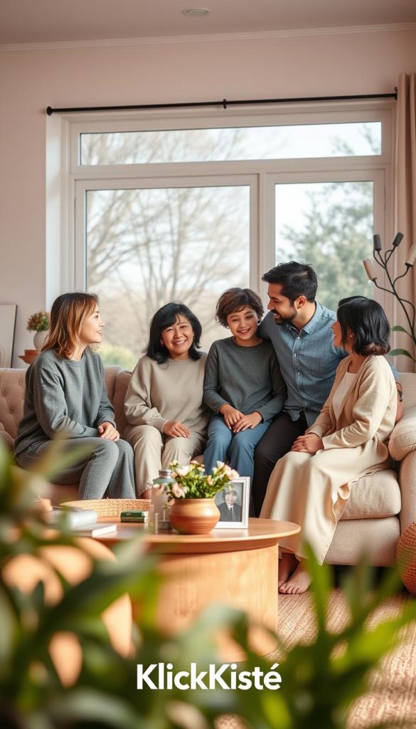 A harmonious family scene illustrating resilience and a positive mindset. Foreground: a diverse family of four, dressed in modest casual clothing, engaged in a supportive conversation. Middle: a cozy living room setting, adorned with warm colors and soft lighting, featuring a large sofa, family photographs, and plants for a natural look. Background: a window showing a tranquil outdoor to enhance the atmosphere. The mood is uplifting and inspirational, evoking a sense of unity and trust. Use a soft, diffused light to create a warm ambiance, captured from a slight low angle for an inclusive perspective. The style is authentic and inviting, reminiscent of a Pinterest aesthetic. Include the brand name "KlickKiste" subtly integrated into the environment. A harmonious family scene illustrating resilience and a positive mindset. Foreground: a diverse family of four, dressed in modest casual clothing, engaged in a supportive conversation. Middle: a cozy living room setting, adorned with warm colors and soft lighting, featuring a large sofa, family photographs, and plants for a natural look. Background: a window showing a tranquil outdoor to enhance the atmosphere. The mood is uplifting and inspirational, evoking a sense of unity and trust. Use a soft, diffused light to create a warm ambiance, captured from a slight low angle for an inclusive perspective. The style is authentic and inviting, reminiscent of a Pinterest aesthetic. Include the brand name "KlickKiste" subtly integrated into the environment.