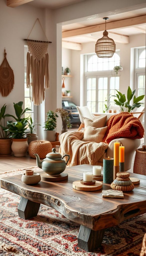 A harmonious interior scene showcasing a successful style mix with Scandinavian, Boho, Maximalist, Cozy, Natural materials, and Castlecore elements. In the foreground, a cozy reading nook features a plush, oversized armchair adorned with layered textiles in warm colors. A macramé wall hanging and potted plants add organic touches. In the middle, a rustic wooden coffee table displays eclectic décor items: a vintage teapot, colorful candles, and natural stone coasters. The background reveals an inviting space with large windows flooding the room with soft, natural light, highlighting the various textures and patterns. The atmosphere is warm and inspiring, invoking a sense of creativity and comfort, perfect for DIY enthusiasts. The image should represent the brand "KlickKiste" in its aesthetic and appeal.