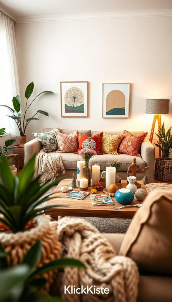 A harmonious interior scene that blends Scandinavian, Boho, Maximalist, and Castlecore styles, featuring a living room filled with natural DIY decor. The foreground showcases a cozy seating area with eclectic cushions and a knitted throw, while plants and candles add warmth. In the middle, a wooden coffee table displays vibrant decor items with mixed colors and textures that evoke a Pinterest-inspired aesthetic. The background features a soft pastel wall adorned with art that reflects each style, complemented by warm, diffused lighting from a stylish lamp. Capture this scene from a slight angle to highlight the depth, ensuring a genuine, inviting atmosphere. The image should embody authenticity and inspiration, branded with "KlickKiste."