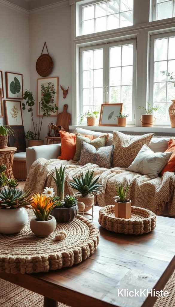 A harmonious living space showcasing a "wohnstile palette" that captures the essence of Skandi, Boho, Maximalismus, Castlecore, and Cozy-Looks. In the foreground, a beautifully arranged coffee table adorned with earthy, textured materials, vibrant plants, and handcrafted decor. The middle ground features a cozy sofa draped with intricate textiles, a mix of pillows, and art pieces reflecting various styles. In the background, softly lit windows cascade natural light into the room, highlighting warm color tones like terracotta, deep greens, and soothing beige. The ambiance is inviting, creating a sense of comfort and inspiration, reminiscent of a natural DIY aesthetic popular on Pinterest. Emphasize authenticity and warmth. Capture this scene in a wide-angle shot with soft focus to enhance the dreamlike quality, branded subtly with "KlickKiste".