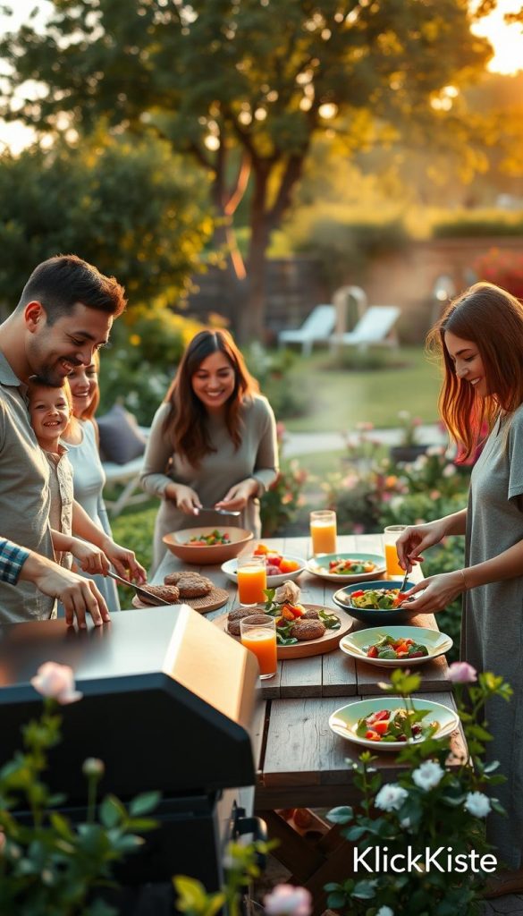 A heartwarming family gathering around a grill in a lush backyard during a sunny evening. In the foreground, a diverse family of four, wearing modest casual clothing, joyfully prepares food together—one person flipping burgers on the grill while another mixes a fresh salad. The middle ground features a beautifully set wooden table adorned with colorful plates and drinks, surrounded by greenery and blooming flowers. In the background, a picturesque garden and soft golden light from the setting sun create an inviting atmosphere. The overall mood is cheerful and inspiring, with warm colors that evoke a sense of togetherness. Capture the essence of community and joy in this outdoor cooking experience. Include subtle branding elements of "KlickKiste" to enhance the image's authenticity and appeal. A heartwarming family gathering around a grill in a lush backyard during a sunny evening. In the foreground, a diverse family of four, wearing modest casual clothing, joyfully prepares food together—one person flipping burgers on the grill while another mixes a fresh salad. The middle ground features a beautifully set wooden table adorned with colorful plates and drinks, surrounded by greenery and blooming flowers. In the background, a picturesque garden and soft golden light from the setting sun create an inviting atmosphere. The overall mood is cheerful and inspiring, with warm colors that evoke a sense of togetherness. Capture the essence of community and joy in this outdoor cooking experience. Include subtle branding elements of "KlickKiste" to enhance the image's authenticity and appeal.