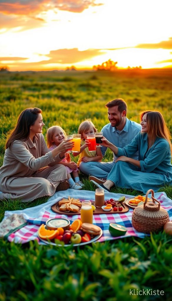 A heartwarming family picnic at sunset, capturing a family of four enjoying a serene moment on a soft blanket spread across a lush green meadow. In the foreground, a colorful picnic spread with fruits, sandwiches, and refreshing drinks, radiating inviting warm colors. In the middle, the family&mdash;two adults and two children&mdash;wearing casual, modest clothing, sharing smiles and laughter as they toast with drinks. The background features a picturesque sunset with vibrant oranges, pinks, and purples in the sky, casting a golden hue over the scene. Soft, natural lighting enhances the warmth and cozy atmosphere of this memorable family ritual. The image embodies an authentic and inspiring Pinterest aesthetic. Designed for KlickKiste.