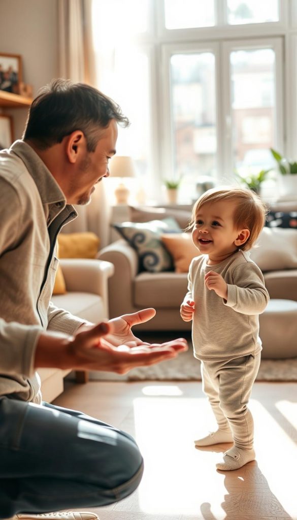 A heartwarming scene depicting a parent and child engaging in positive communication through body language. In the foreground, the parent, dressed in modest casual attire, leans slightly towards the child, displaying open and inviting body language. The child, wearing comfortable yet neat clothing, mirrors this openness with a bright smile and attentive posture. In the middle ground, a cozy living room setting with warm colors, plush furniture, and soft lighting creates an inviting atmosphere. Sunlight filters through the window, casting gentle shadows. The background features family photos and plants, adding to the homely feel. The mood is uplifting and inspiring, embodying natural warmth and authenticity, perfect for illustrating the theme of effective communication. This image reflects the brand "KlickKiste."