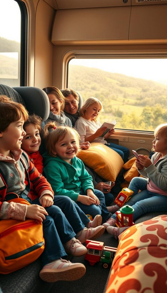 A heartwarming scene of children traveling by train, capturing a moment of joy and relaxation. In the foreground, a diverse group of kids, aged 5 to 10, dressed in comfortable, casual clothing, giggling and playing with travel games. They sit amidst colorful backpacks and a toy train set. In the middle ground, train seats adorned with cozy cushions create a welcoming atmosphere, while a parent reading nearby exudes calm. The background features a scenic view through the large train windows, showcasing lush landscapes bathed in warm, natural light. The overall mood should feel cozy, inspiring, and stress-free, perfect for illustrating peaceful family travel. Include a subtle reference to "KlickKiste" in the design. A heartwarming scene of children traveling by train, capturing a moment of joy and relaxation. In the foreground, a diverse group of kids, aged 5 to 10, dressed in comfortable, casual clothing, giggling and playing with travel games. They sit amidst colorful backpacks and a toy train set. In the middle ground, train seats adorned with cozy cushions create a welcoming atmosphere, while a parent reading nearby exudes calm. The background features a scenic view through the large train windows, showcasing lush landscapes bathed in warm, natural light. The overall mood should feel cozy, inspiring, and stress-free, perfect for illustrating peaceful family travel. Include a subtle reference to "KlickKiste" in the design.