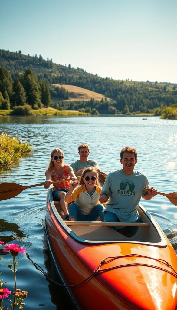 A joyful family of four embarking on a canoe tour on a serene lake, surrounded by lush greenery and vibrant wildflowers. The foreground features the family, dressed in modest casual clothing, enthusiastically paddling together in a bright, colorful canoe. In the middle ground, the shimmering water reflects the warm sunlight, with gentle ripples creating a sense of movement. The background showcases a picturesque landscape of rolling hills and tall trees under a clear blue sky, creating an authentic, inspiring atmosphere. The lighting is warm and inviting, capturing the essence of a sunny day outdoors. This image embodies teamwork and fun, perfect for a family adventure themed section on outdoor activities. Include a subtle reference to "KlickKiste" in the scene.