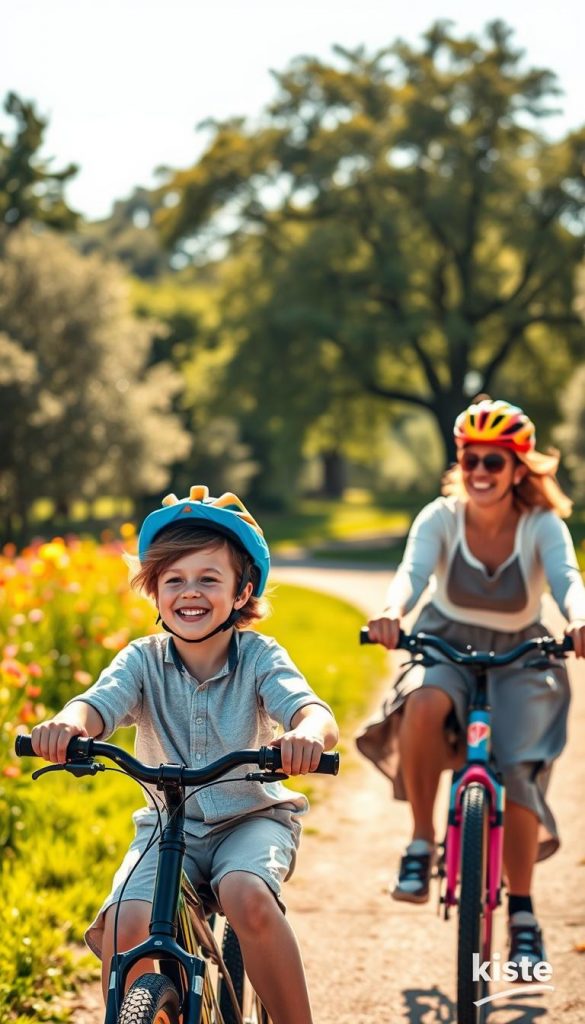 A joyful family of four enjoying a leisurely bike ride on a sunny day, with the parents dressed in casual, modest clothing and the children wearing colorful helmets. In the foreground, a smiling young boy rides alongside his sister, both laughing and playfully competing to reach a distant tree. The middle layer features a picturesque park trail, surrounded by vibrant greenery and blooming wildflowers, creating an inviting atmosphere. In the background, soft sunlight filters through the canopy of trees, casting a warm, golden glow on the scene. The image embodies a sense of adventure and togetherness, perfect for a family outing. The composition should have a natural, Pinterest-inspired look, with warm colors, conveying authenticity and inspiration. Include a subtle branding element of "KlickKiste" in a small, tasteful manner.