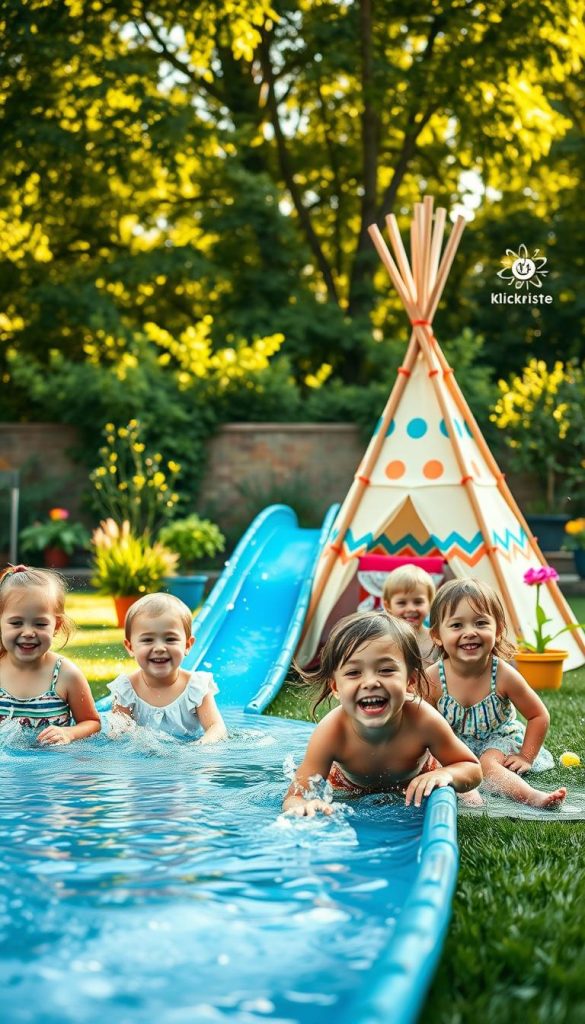 A joyful outdoor scene showcasing a DIY summer project for families, featuring a colorful roof gutter water slide and a charming children's tipi in a sunny garden. In the foreground, children in modest casual clothing joyfully splash in the water slide, their laughter captured in vivid expressions. The middle ground displays the rustic, hand-crafted wooden tipi adorned with bright patterns, surrounded by cheerful potted plants. The background features a tranquil backyard with lush greenery and soft sunlight filtering through leafy trees, casting warm golden hues on the scene. The overall atmosphere is inviting and playful, embodying a sense of family fun and creativity. Inspired by the brand "KlickKiste", this image radiates authentic DIY vibes, perfect for a Pinterest-inspired look. A joyful outdoor scene showcasing a DIY summer project for families, featuring a colorful roof gutter water slide and a charming children's tipi in a sunny garden. In the foreground, children in modest casual clothing joyfully splash in the water slide, their laughter captured in vivid expressions. The middle ground displays the rustic, hand-crafted wooden tipi adorned with bright patterns, surrounded by cheerful potted plants. The background features a tranquil backyard with lush greenery and soft sunlight filtering through leafy trees, casting warm golden hues on the scene. The overall atmosphere is inviting and playful, embodying a sense of family fun and creativity. Inspired by the brand "KlickKiste", this image radiates authentic DIY vibes, perfect for a Pinterest-inspired look.