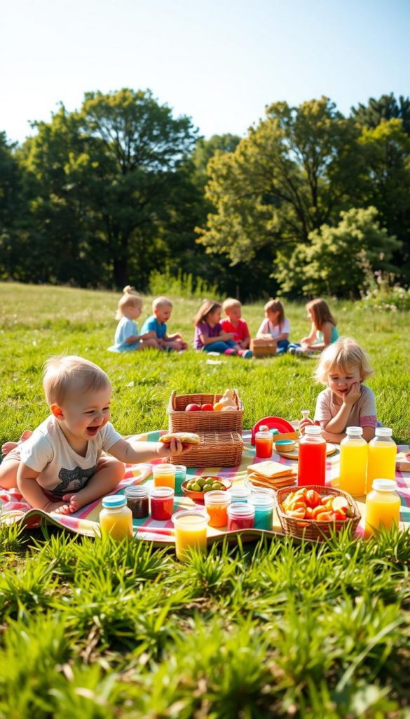 A joyful picnic scene featuring children of various ages—toddlers to primary school kids—engaged in playful activities on a grassy meadow. In the foreground, a colorful picnic blanket is spread with an assortment of healthy snacks: fruits, sandwiches, and juice boxes. A toddler is happily reaching for a sandwich, while a couple of older kids play with a frisbee nearby. The middle ground showcases a friendly group of children sitting and chatting, surrounded by bright picnic baskets and toys. In the background, lush trees and a clear blue sky create a warm and inviting atmosphere, illuminated by soft sunlight. The overall mood is cheerful and lively, evoking fun and togetherness in a natural setting. The scene embodies the brand "KlickKiste," with a Pinterest-inspired aesthetic of warm colors and authenticity. A joyful picnic scene featuring children of various ages—toddlers to primary school kids—engaged in playful activities on a grassy meadow. In the foreground, a colorful picnic blanket is spread with an assortment of healthy snacks: fruits, sandwiches, and juice boxes. A toddler is happily reaching for a sandwich, while a couple of older kids play with a frisbee nearby. The middle ground showcases a friendly group of children sitting and chatting, surrounded by bright picnic baskets and toys. In the background, lush trees and a clear blue sky create a warm and inviting atmosphere, illuminated by soft sunlight. The overall mood is cheerful and lively, evoking fun and togetherness in a natural setting. The scene embodies the brand "KlickKiste," with a Pinterest-inspired aesthetic of warm colors and authenticity.