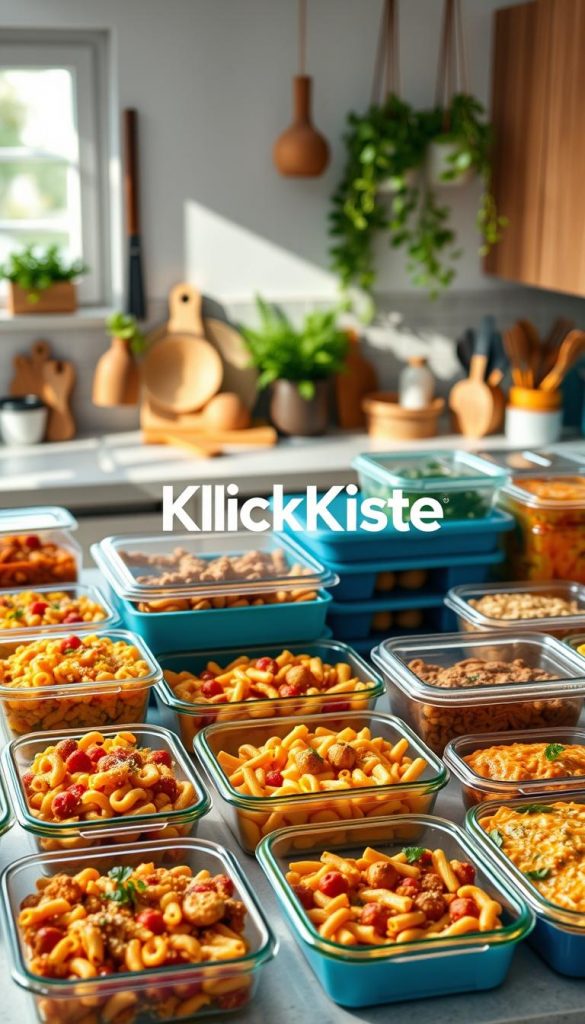 A kitchen countertop filled with an array of colorful meal prep containers, showcasing a variety of pasta dishes in enticing presentations. In the foreground, a collection of vibrant, kid-friendly meals, such as colorful macaroni salad, spaghetti with meatballs, and cheesy pasta bakes, beautifully arranged in clear containers with tight-fitting lids. In the middle ground, an organized space with utensils, fresh vegetables, and herbs, all styled for a warm and inviting atmosphere. The background features a softly lit kitchen with wooden cabinets and hanging plants for a touch of homeliness. Natural daylight streams in from a window, casting gentle shadows. The overall mood is warm, inspiring, and authentically inviting, embodying the essence of family meal prep. The brand name "KlickKiste" subtly included in the overall design aesthetic.
