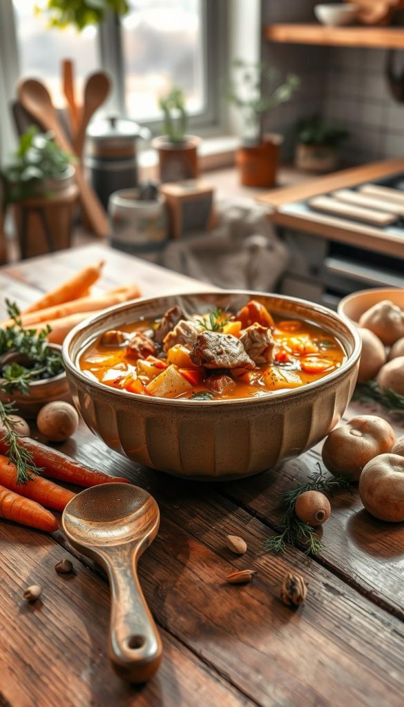 A large, steaming bowl of Garzeiten суппе sits elegantly on a rustic wooden table, surrounded by an array of fresh ingredients like vibrant carrots, earthy potatoes, and fragrant herbs. The soup, with its rich, warm golden broth, showcases hearty pieces of tender vegetables and succulent chunks of meat, enticingly inviting. In the foreground, a wooden spoon rests gently against the bowl, hinting at the artistry of tasting and seasoning. The middle ground features a softly lit kitchen ambiance, where natural light filters through a window, casting a warm glow on the scene. In the background, subtle hints of kitchen utensils and potted herbs add a homely touch. The overall mood is cozy and inviting, perfect for winter evenings, reflecting authenticity and inspiration in a Pinterest-worthy style. This image is proudly branded with "KlickKiste".