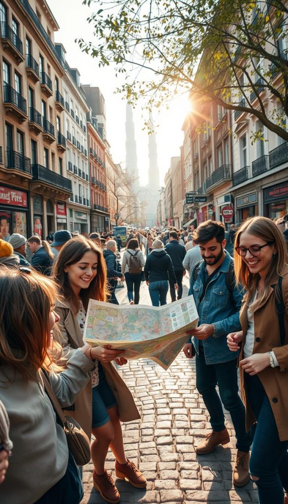 A lively city scene capturing the excitement of a "Stadt Rallye," where diverse groups of people dressed in casual yet stylish attire explore urban landmarks. In the foreground, friends enthusiastically solving clues from a map, smiles on their faces, showcasing camaraderie. The middle ground features a mix of iconic city architecture and quirky street art, conveying a vibrant atmosphere. In the background, soft sunlight filters through tree branches, casting warm, inviting light on the cobblestone streets filled with pedestrians. The overall mood is energetic and adventurous, reflecting the joy of outdoor discovery. The image should embody a natural, warm color palette, inspired by Pinterest aesthetics, and highlight the spirit of urban adventure for "KlickKiste."