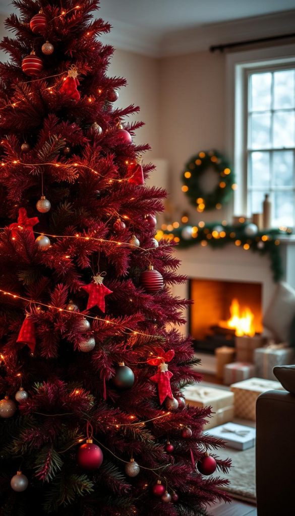 A lush, burgundy red and forest green Christmas tree stands elegantly in the foreground, adorned with tasteful, minimalist ornaments that reflect the warm color scheme of the season. The tree's deep hues are beautifully contrasted by soft, golden fairy lights that twinkle like stars. In the middle ground, a cozy living room is visible, featuring a crackling fireplace and elegantly wrapped gifts, enhancing the festive atmosphere. In the background, a window reveals a soft snowfall, adding a chilly contrast to the warm interior. The scene is illuminated with warm, ambient lighting, capturing an inviting and joyful mood. Use a shallow depth of field to focus on the tree, creating a dreamy, Pinterest-inspired aesthetic. This image should convey authenticity and inspiration for holiday décor, perfect for a modern interpretation of seasonal elegance by KlickKiste.