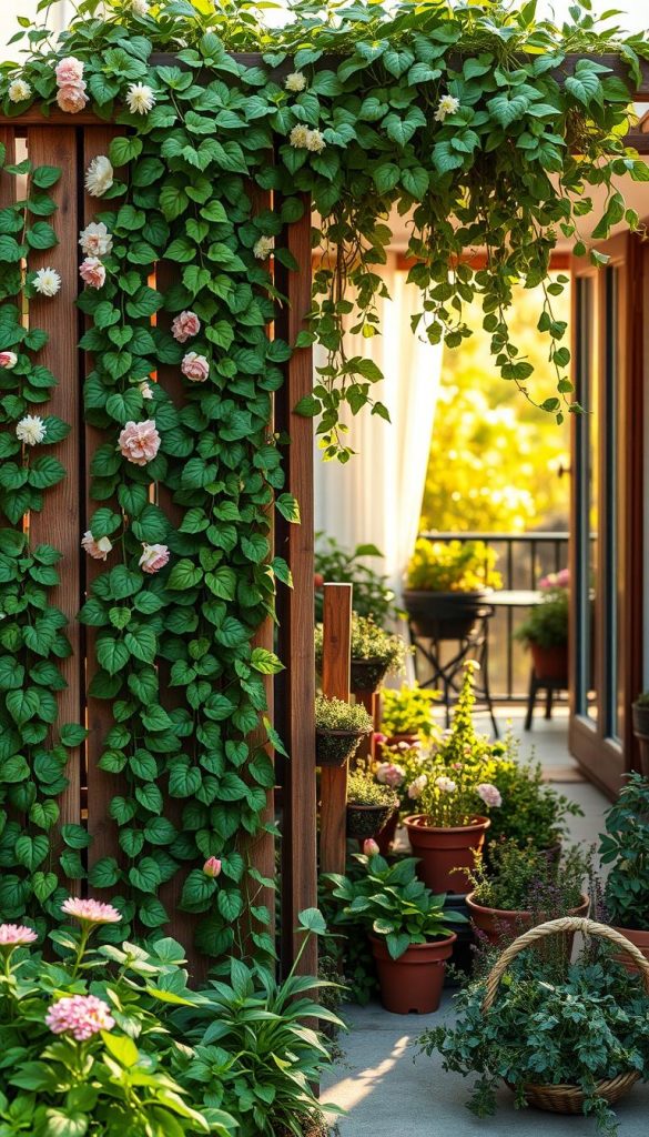 A lush, serene outdoor space featuring a beautiful DIY plant screen acting as a natural privacy fence. In the foreground, vibrant green plants such as climbing vines and blooming flowers are meticulously arranged, cascading over a rustic wooden trellis. The middle section showcases an assortment of potted plants and herbs, subtly hinting at a garden oasis. The background reveals a softly blurred view of a cozy balcony with warm afternoon sunlight filtering through, casting gentle shadows. The setting exudes a peaceful, harmonious atmosphere, inviting relaxation and inspiration. The overall aesthetic should embody a Pinterest-like charm with rich, warm colors. Brand presence: "KlickKiste" subtly integrated into the design.