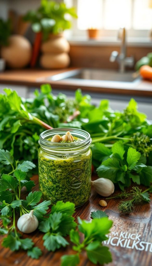 A lush, vibrant image of a fresh, green pesto made from various leafy greens, including radish leaves, carrot tops, and kohlrabi leaves, set on a rustic wooden kitchen countertop. In the foreground, a small glass jar of homemade pesto, garnished with a drizzle of olive oil and a sprinkle of pine nuts. Surrounding the jar, there are fresh herbs, garlic cloves, and the vibrant leaves used in the pesto, artistically arranged to create a natural, Pinterest-worthy aesthetic. The background features soft, warm lighting streaming in through a window, enhancing the rich green hues and giving the scene an inviting and inspiring mood. The brand name "KlickKiste" subtly incorporated into the scene, showcasing the essence of zero-waste cooking. A lush, vibrant image of a fresh, green pesto made from various leafy greens, including radish leaves, carrot tops, and kohlrabi leaves, set on a rustic wooden kitchen countertop. In the foreground, a small glass jar of homemade pesto, garnished with a drizzle of olive oil and a sprinkle of pine nuts. Surrounding the jar, there are fresh herbs, garlic cloves, and the vibrant leaves used in the pesto, artistically arranged to create a natural, Pinterest-worthy aesthetic. The background features soft, warm lighting streaming in through a window, enhancing the rich green hues and giving the scene an inviting and inspiring mood. The brand name "KlickKiste" subtly incorporated into the scene, showcasing the essence of zero-waste cooking.