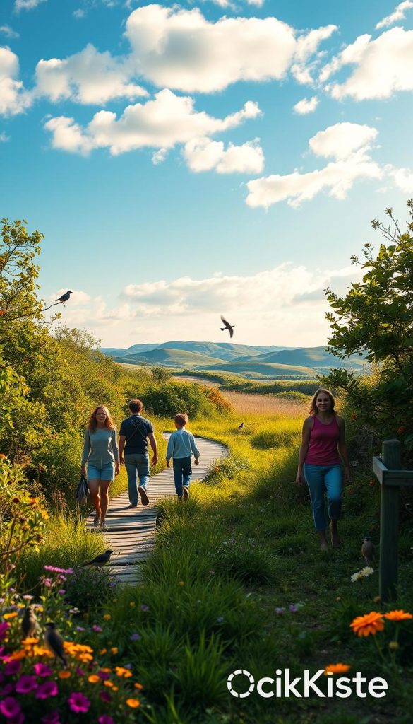 A lush, vibrant nature trail winding through a tranquil moor, surrounded by rich greenery and colorful wildflowers. The foreground features a diverse family of four, dressed in modest casual clothing, exploring the path with excitement. The middle section reveals a winding boardwalk over flanking wetlands, where various birds are perched on the vegetation. The background showcases rolling hills under a clear blue sky sprinkled with soft, fluffy clouds. The lighting is warm and inviting, capturing the golden hue of a late afternoon sun, emphasizing the peaceful atmosphere. Create a Pinterest-worthy scene that feels authentic and inspiring, reflecting the theme of outdoor learning and exploration. Incorporate the brand name "KlickKiste" subtly into the scene, aligning with the overall aesthetic.