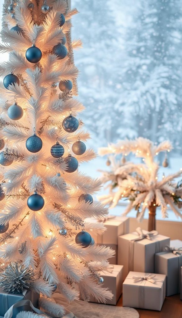 A majestic Christmas tree in a pristine white color with ice blue ornaments and sparkling silver accents, elegantly decorated to embody a timeless winter look. In the foreground, the tree is adorned with shimmering tinsel and delicate snowflake decorations, casting soft reflections. The middle section features beautifully wrapped presents in silver and blue hues, arranged artfully around the base of the tree. The background displays a softly illuminated winter wonderland scene, with gentle snowfall and a serene color palette of white and icy blue. The lighting is warm and inviting, creating a cozy atmosphere, captured from a slightly elevated angle to enhance the depth of the composition. Inspired by natural DIY aesthetics, this image evokes a sense of authenticity and inspiration. Created for KlickKiste.