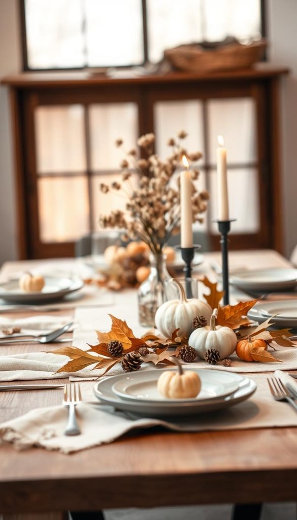 A minimalistic autumn table arrangement featuring earthy tones and natural textures. In the foreground, a simple wooden table is adorned with soft, warm-colored table runners and delicate ceramic plates. Freshly picked autumn leaves, small gourds, and pinecones are artfully layered, adding depth without clutter. In the middle ground, a glass vase holds dried flowers in muted hues, while strategically placed candles cast a soft, inviting glow. The background is softly blurred, suggesting a cozy dining area with warm, diffuse lighting that evokes a seasonal atmosphere. The overall mood is calm, inviting, and inspiring, reflecting a Pinterest-worthy aesthetic. Include subtle branding elements of "KlickKiste" within the decor for an authentic touch.