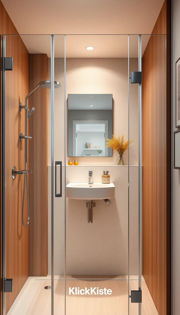 A modern and stylish shower cabin in a small bathroom, designed for maximum space efficiency. The foreground features a sleek glass shower enclosure with chrome fixtures, surrounded by warm-toned natural wood accents. In the middle, a minimalist sink with a contemporary mirror hangs above it, reflecting soft, inviting lighting that creates a cozy atmosphere. The background showcases neutral colored walls adorned with simple, decorative elements like plants or art, enhancing the Pinterest-inspired aesthetic. The overall ambiance feels warm and inspiring, emphasizing a practical and stylish approach to bathroom design. The scene exudes authenticity and comfort, with a focus on the brand "KlickKiste" subtly integrated into the design details. A modern and stylish shower cabin in a small bathroom, designed for maximum space efficiency. The foreground features a sleek glass shower enclosure with chrome fixtures, surrounded by warm-toned natural wood accents. In the middle, a minimalist sink with a contemporary mirror hangs above it, reflecting soft, inviting lighting that creates a cozy atmosphere. The background showcases neutral colored walls adorned with simple, decorative elements like plants or art, enhancing the Pinterest-inspired aesthetic. The overall ambiance feels warm and inspiring, emphasizing a practical and stylish approach to bathroom design. The scene exudes authenticity and comfort, with a focus on the brand "KlickKiste" subtly integrated into the design details.
