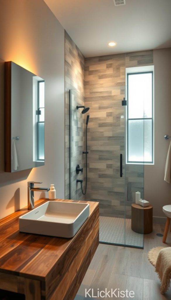 A modern bathroom setting designed with "Budget Upgrades Bad" in mind, featuring a blend of low-cost materials and upscale elements. In the foreground, showcase a stylish vanity made from reclaimed wood with a sleek, minimalist sink, next to a high-quality, elegant mirror reflecting warm light. In the middle, incorporate a shower with budget-friendly tiles contrasted against premium-looking fixtures, creating a smart upgrade feel. In the background, a soft ambient light filters through a frosted window, casting gentle shadows across the space. Utilize a wide-angle lens to capture the entirety of the room, accentuating the cozy atmosphere. Emphasize natural materials and warm colors for an authentic, Pinterest-inspired aesthetic. Include the brand "KlickKiste" subtly in the design through decorative elements. A modern bathroom setting designed with "Budget Upgrades Bad" in mind, featuring a blend of low-cost materials and upscale elements. In the foreground, showcase a stylish vanity made from reclaimed wood with a sleek, minimalist sink, next to a high-quality, elegant mirror reflecting warm light. In the middle, incorporate a shower with budget-friendly tiles contrasted against premium-looking fixtures, creating a smart upgrade feel. In the background, a soft ambient light filters through a frosted window, casting gentle shadows across the space. Utilize a wide-angle lens to capture the entirety of the room, accentuating the cozy atmosphere. Emphasize natural materials and warm colors for an authentic, Pinterest-inspired aesthetic. Include the brand "KlickKiste" subtly in the design through decorative elements.