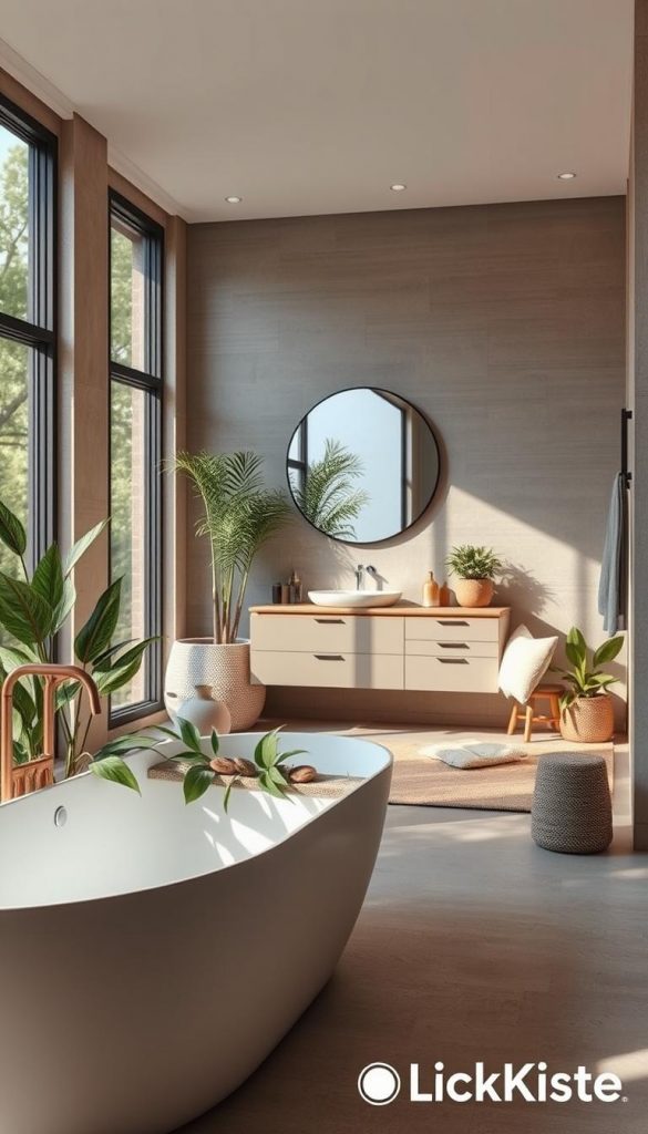 A modern bathroom showcasing 2026 trends, featuring natural DIY aesthetics with warm earthy colors. In the foreground, an elegantly designed freestanding bathtub adorned with lush green plants and natural stones. The middle layer includes a stylish vanity with minimalist design, complete with a round mirror reflecting soft, ambient lighting. A cozy seating nook with soft textiles and a small plant adds warmth. The background highlights large windows allowing natural light to flood the space, creating an inviting atmosphere. The walls are decorated with textured tiles in neutral tones. The overall mood is serene and inspirational, reflecting a Pinterest-worthy, authentic design. The brand name "KlickKiste" subtly integrated into the scene. A modern bathroom showcasing 2026 trends, featuring natural DIY aesthetics with warm earthy colors. In the foreground, an elegantly designed freestanding bathtub adorned with lush green plants and natural stones. The middle layer includes a stylish vanity with minimalist design, complete with a round mirror reflecting soft, ambient lighting. A cozy seating nook with soft textiles and a small plant adds warmth. The background highlights large windows allowing natural light to flood the space, creating an inviting atmosphere. The walls are decorated with textured tiles in neutral tones. The overall mood is serene and inspirational, reflecting a Pinterest-worthy, authentic design. The brand name "KlickKiste" subtly integrated into the scene.