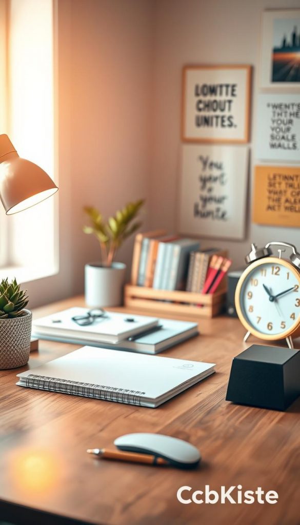 A modern desk setup adorned with beautiful and creative decorations ideal for a workplace. In the foreground, a stylish wooden desk features a vibrant succulent plant in a textured pot and an elegant desk lamp casting a warm glow. In the middle, an organized space showcases notebooks with aesthetically pleasing covers, stylish stationery arranged neatly, and a minimalistic clock with a contemporary design. The background includes a soft-focus view of a wall with art prints and inspiring quotes, creating a cozy atmosphere. Natural lighting filters through a nearby window, enhancing the warm color palette reminiscent of DIY inspirations often seen on Pinterest. The overall mood is authentic, modern, and inviting, showcasing ideas for desk decor from the brand "KlickKiste." A modern desk setup adorned with beautiful and creative decorations ideal for a workplace. In the foreground, a stylish wooden desk features a vibrant succulent plant in a textured pot and an elegant desk lamp casting a warm glow. In the middle, an organized space showcases notebooks with aesthetically pleasing covers, stylish stationery arranged neatly, and a minimalistic clock with a contemporary design. The background includes a soft-focus view of a wall with art prints and inspiring quotes, creating a cozy atmosphere. Natural lighting filters through a nearby window, enhancing the warm color palette reminiscent of DIY inspirations often seen on Pinterest. The overall mood is authentic, modern, and inviting, showcasing ideas for desk decor from the brand "KlickKiste."