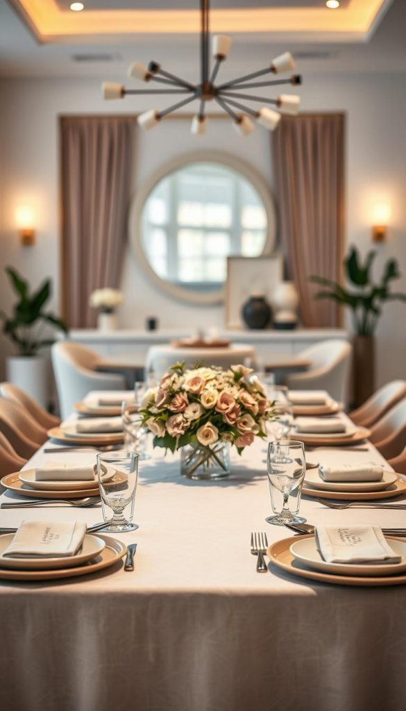 A modern dining table elegantly set for an upscale gathering, showcasing a harmonious arrangement that avoids common decorating errors. The foreground features a beautifully laid out table, adorned with simple yet sophisticated tableware in soft earth tones. A centerpiece of fresh flowers in muted shades draws attention without overwhelming the space. In the middle, the tablecloth displays minimalistic geometric patterns that are calm and cohesive, avoiding busy designs. The background reveals softly blurred elements of a stylish dining room featuring warm, natural lighting that creates an inviting atmosphere. The overall mood is serene and inspirational, epitomizing a Pinterest-worthy aesthetic. Include branding for "KlickKiste" subtly integrated within the decor.
