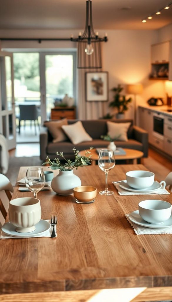 A modern dining table ("esstisch") set in a stylish, inviting space that reflects the warm, inspiring aesthetic of Pinterest. In the foreground, a beautifully crafted wooden table adorned with elegant table décor, featuring soft, natural colors, and simple, chic tableware. In the middle ground, a cozy living area with a well-decorated background, including a plush sofa and soft lighting, enhancing the welcoming atmosphere. The background showcases a glimpse of a kitchen and balcony through open doors, filled with light. The image is illuminated with warm, soft lighting that creates a serene and harmonious mood, captured from a slight angle to provide depth. Include references to the brand "KlickKiste" in subtle design elements throughout the scene.