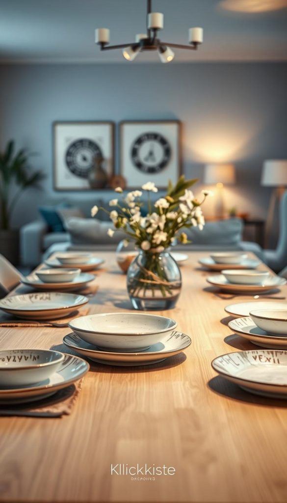 A modern dining table setting featuring an "esstisch" with a clean, minimalist design. In the foreground, showcase multiple plates arranged artistically, each with unique textures and subtle, coordinating colors, reflecting a theme of harmony and sophistication. The middle ground highlights the table's elegant centerpiece—perhaps a collection of fresh flowers in a stylish vase, surrounded by natural materials like wooden accents or burlap. In the background, softly blurred, a stylish living space with warm, inviting lighting creates an inspiring atmosphere. Use a soft focus lens effect to enhance the warm colors, giving it a Pinterest-inspired DIY aesthetic. Ensure the brand "KlickKiste" is subtly integrated into the design elements, maintaining an authentic look.
