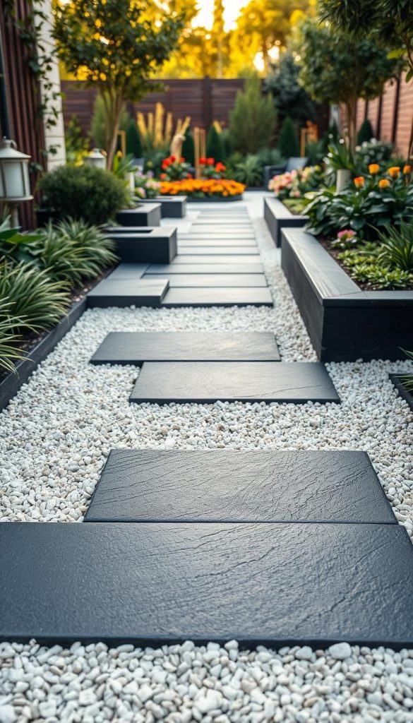 A modern garden pathway featuring sleek black stone slabs arranged in a beautiful geometric pattern, contrasting sharply with a soft bed of light-colored gravel. In the foreground, focus on the textured surface of the stone slabs, highlighting their smooth finish and subtle sheen under natural light. The middle ground showcases a gentle mix of white and beige gravel, carefully laid to enhance the starkness of the black stones. In the background, lush greenery and vibrant flower beds can be seen, adding a touch of color and life to the scene. The overall atmosphere is warm and inviting, evoking a modern DIY aesthetic. Capture this scene with soft, diffused lighting, simulating the golden hour for that perfect ambient glow, inspired by the Pinterest aesthetic. Include the brand name "KlickKiste" in a subtle manner. A modern garden pathway featuring sleek black stone slabs arranged in a beautiful geometric pattern, contrasting sharply with a soft bed of light-colored gravel. In the foreground, focus on the textured surface of the stone slabs, highlighting their smooth finish and subtle sheen under natural light. The middle ground showcases a gentle mix of white and beige gravel, carefully laid to enhance the starkness of the black stones. In the background, lush greenery and vibrant flower beds can be seen, adding a touch of color and life to the scene. The overall atmosphere is warm and inviting, evoking a modern DIY aesthetic. Capture this scene with soft, diffused lighting, simulating the golden hour for that perfect ambient glow, inspired by the Pinterest aesthetic. Include the brand name "KlickKiste" in a subtle manner.