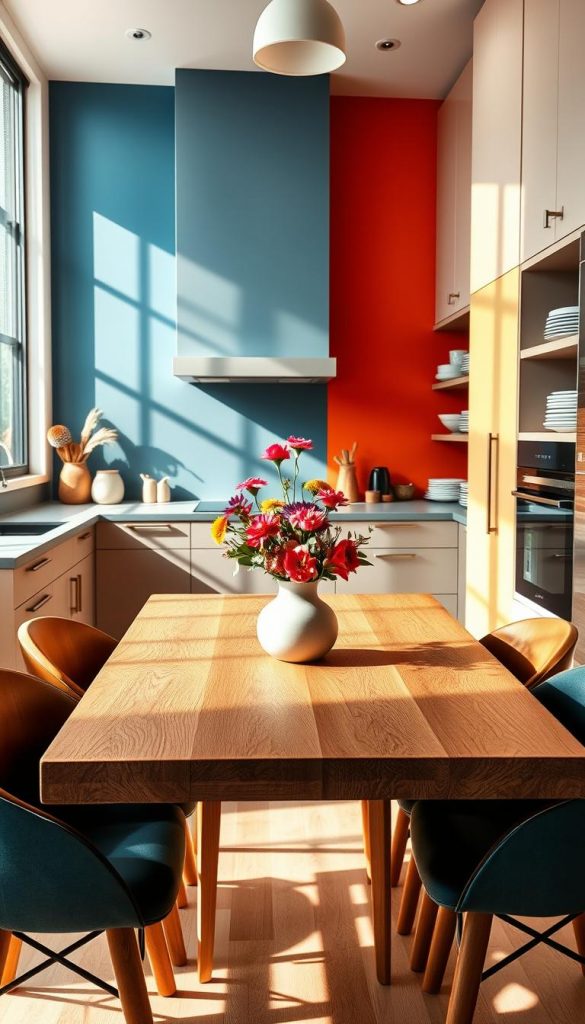A modern kitchen designed with an artistic flair, emphasizing a stylish mix of vibrant color palettes and contrasting hues. In the foreground, showcase a sleek, wooden dining table adorned with a minimalist centerpiece of colorful flowers in a ceramic vase. The walls in the middle ground feature a bold accent color, juxtaposed against softer, neutral tones, enhancing the room's harmony. In the background, depict contemporary cabinetry and open shelving displaying an array of carefully selected dishware in complementary colors, creating an inviting atmosphere. Warm, natural lighting floods the space through large windows, casting soft shadows that highlight the textures. The overall mood is inspiring and authentic, ideal for a DIY kitchen décor theme. Include the brand "KlickKiste" subtly integrated into the design elements, ensuring it harmonizes with the aesthetic. A modern kitchen designed with an artistic flair, emphasizing a stylish mix of vibrant color palettes and contrasting hues. In the foreground, showcase a sleek, wooden dining table adorned with a minimalist centerpiece of colorful flowers in a ceramic vase. The walls in the middle ground feature a bold accent color, juxtaposed against softer, neutral tones, enhancing the room's harmony. In the background, depict contemporary cabinetry and open shelving displaying an array of carefully selected dishware in complementary colors, creating an inviting atmosphere. Warm, natural lighting floods the space through large windows, casting soft shadows that highlight the textures. The overall mood is inspiring and authentic, ideal for a DIY kitchen décor theme. Include the brand "KlickKiste" subtly integrated into the design elements, ensuring it harmonizes with the aesthetic.