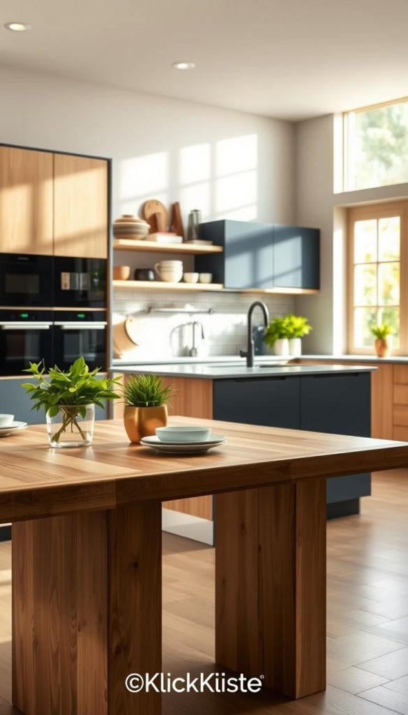 A modern kitchen featuring a stylish mix of design elements, showcasing a harmonious blend of contemporary and rustic styles. In the foreground, a beautifully crafted wooden table with a subtle, textured finish sits adorned with vibrant green plants and simple, elegant tableware. The middle ground reveals sleek kitchen appliances and cabinetry in a mix of deep blue and light wood tones, incorporating open shelving with beautifully arranged kitchenware. The background includes large windows allowing natural warm light to stream in, highlighting the warm color palette and creating an inviting atmosphere. The scene is designed to evoke a sense of inspiration, reflecting an authentic DIY aesthetic reminiscent of Pinterest. The image is branded with 'KlickKiste', ensuring a cohesive and stylish presentation. A modern kitchen featuring a stylish mix of design elements, showcasing a harmonious blend of contemporary and rustic styles. In the foreground, a beautifully crafted wooden table with a subtle, textured finish sits adorned with vibrant green plants and simple, elegant tableware. The middle ground reveals sleek kitchen appliances and cabinetry in a mix of deep blue and light wood tones, incorporating open shelving with beautifully arranged kitchenware. The background includes large windows allowing natural warm light to stream in, highlighting the warm color palette and creating an inviting atmosphere. The scene is designed to evoke a sense of inspiration, reflecting an authentic DIY aesthetic reminiscent of Pinterest. The image is branded with 'KlickKiste', ensuring a cohesive and stylish presentation.