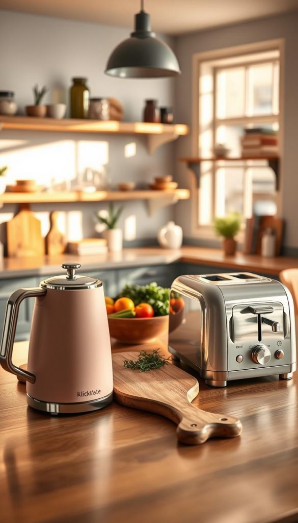 A modern kitchen interior featuring stylish kitchen appliances and accessories arranged harmoniously in a warm color palette. In the foreground, display a sleek kettle and a contemporary toaster from the brand "KlickKiste," both in soft pastel shades. In the middle, include an elegant cutting board adorned with fresh herbs and vibrant vegetables, along with a chic fruit bowl. The background should showcase a beautifully designed open kitchen with rustic wooden shelves filled with decorative glass jars and cookbooks, bathed in warm, natural light streaming in from a large window. Utilize a shallow depth of field to create a cozy and inviting atmosphere, emphasizing the serene DIY aesthetic suitable for a Pinterest-inspired setup.