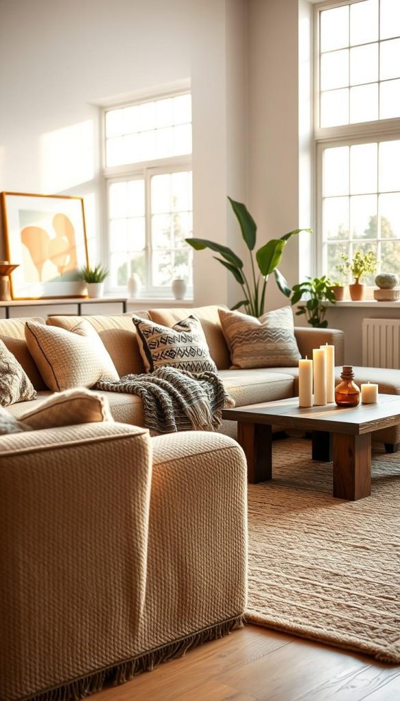 A modern living room designed with a cozy ambiance and a blend of Scandi, Boho, Maximalism, and Castlecore styles. In the foreground, feature a plush, textured sofa adorned with a mix of patterned cushions and a knitted throw. The middle ground showcases a stylish coffee table made of reclaimed wood, with a few natural decor pieces such as candles and houseplants. In the background, include large windows that let in soft, warm sunlight, enhancing the inviting atmosphere. Warm, earthy tones dominate the color palette, complemented by soft lighting to create an inspiring, DIY look reminiscent of Pinterest. Incorporate subtle nods to the brand "KlickKiste" through decor items like chic storage boxes or artworks. Capture the scene from a slightly elevated angle for a more engaging perspective.