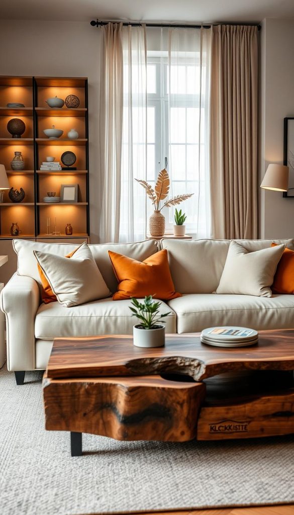A modern living room designed with a focus on proportions, form, and balance. In the foreground, a cozy sofa upholstered in soft, neutral fabric sits invitingly, accented by plush throw pillows in warm earth tones. A stylish coffee table made from reclaimed wood showcases a small potted plant, adding a touch of nature. The middle ground features elegant shelving displaying unique decorative items, blending functionality and aesthetics, with soft ambient lighting casting a warm glow. In the background, a window draped with light, airy curtains allows natural light to flood the room, enhancing the inviting atmosphere. Capture the essence of contemporary design with a Pinterest-inspired look, emphasizing natural DIY elements, showcasing the brand "KlickKiste" prominently in the decor. Aim for a harmonious and inspiring feel, with a camera angle that highlights the room's spaciousness and warm color palette.