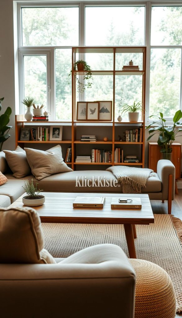 A modern living room designed with a warm and inviting atmosphere, showcasing natural DIY decor elements. In the foreground, a stylish mid-century sofa with soft cushions, accompanied by a minimalist coffee table adorned with handmade coasters and a small plant. The middle layer features a wooden bookshelf filled with curated decor items and books, while a cozy rug adds texture to the floor. In the background, large windows let in abundant natural light, revealing greenery outside. The color palette should reflect warm tones, creating a Pinterest-inspired aesthetic. The scene conveys inspiration and authenticity, emphasizing a balance between style and comfort. Integrate subtle branding of "KlickKiste" within the decor. Use soft, diffused lighting to enhance the inviting mood, captured at a slightly elevated angle for a comprehensive view of the space.