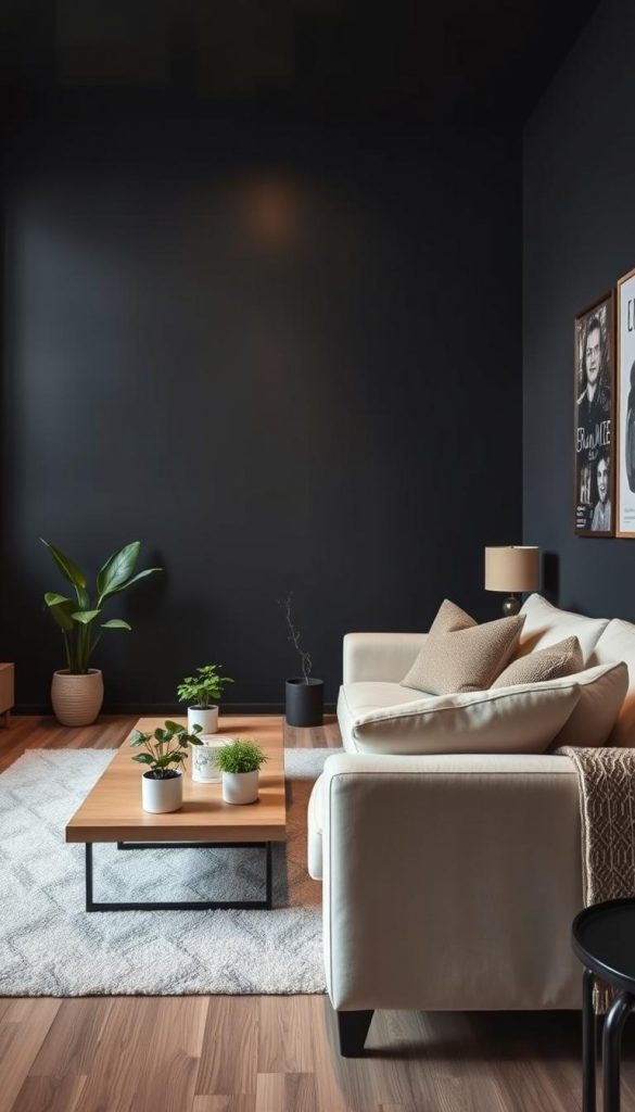 A modern living room featuring stark light-dark contrasts, designed with a blend of dark walls and bright furniture. In the foreground, an elegant sofa in a light color like soft beige or white, adorned with textured pillows. The middle ground showcases a minimalist coffee table and a few potted green plants to introduce a touch of nature. The background highlights deep, muted-toned walls in shades like charcoal or deep navy, creating a dramatic contrast. Soft, warm lighting illuminates the space, enhancing the inviting atmosphere. The composition has a Pinterest-inspired aesthetic with DIY elements, evoking a cozy yet sophisticated setting. Capture this scene with a wide-angle lens to emphasize depth, reflecting a stylish, natural, and authentic vibe. Include elements of the brand "KlickKiste" subtly in the decor.