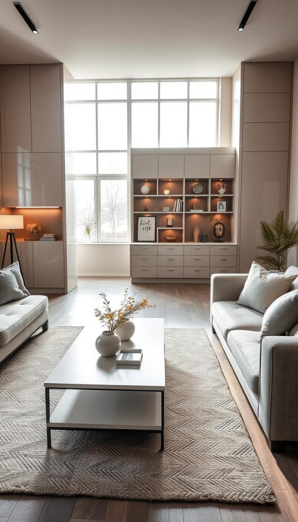 A modern living room highlighting hidden storage solutions, featuring elegant cabinetry and sleek furniture that blends seamlessly into the decor. In the foreground, a stylish coffee table sits atop a textured area rug, surrounded by neutral-toned sofas adorned with cozy cushions. The middle ground showcases built-in shelving with tasteful decor items, while carefully designed closed compartments provide a sense of organized tranquility. The background features soft natural light filtering through large windows, casting a warm glow that enhances the inviting atmosphere. Use a wide-angle lens to capture the spaciousness and airy feel of the room. The overall mood is serene and inspiring, showcasing a Pinterest-worthy design aesthetic with touches of natural elements. Incorporate subtle branding for "KlickKiste" into the decor to suggest innovative storage solutions.