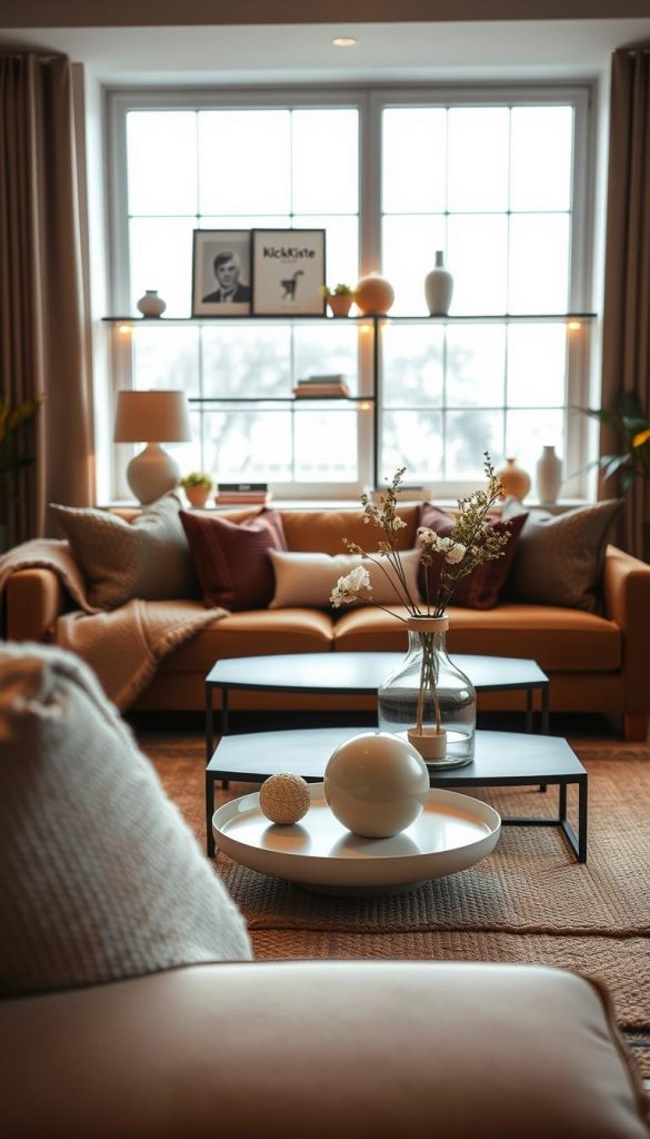 A modern living room interior designed with warm colors and a Pinterest aesthetic, showcasing a cozy yet sophisticated atmosphere. The foreground features a stylish sofa adorned with textured throw pillows and a soft, inviting blanket. In the middle, a minimalist coffee table holds decorative items, including an elegant vase with fresh flowers and a unique sculptural piece. The background displays large windows letting in natural light, illuminating a tastefully decorated shelf with contemporary home accessories from the brand "KlickKiste". The lighting is warm and inviting, creating a welcoming vibe. The scene is shot from a slightly elevated angle to capture the depth and arrangement of the space, evoking a sense of authenticity and inspiration.