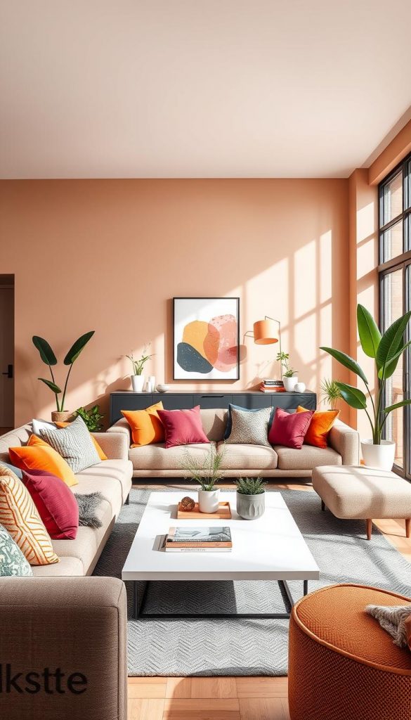 A modern living room interior showcasing diverse color ideas for 2026, featuring a warm palette of earthy tones, soft pastels, and bold accent colors. In the foreground, a cozy seating area with a stylish sofa adorned with colorful throw pillows. The middle ground includes a sleek coffee table with decorative items, and wall art reflecting contemporary design trends. The background presents large windows allowing natural light to illuminate the space, casting soft shadows that enhance the inviting atmosphere. Add houseplants for a touch of nature and a DIY decor element that embodies a Pinterest-inspired aesthetic. Capture this scene with a wide-angle lens to evoke a spacious feel, emphasizing warmth and inspiration. Include the brand name "KlickKiste" subtly in the decor elements without any text overlays.