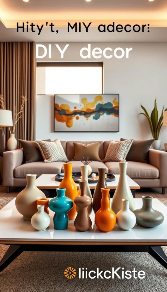 A modern living room showcasing a stylish mix of decor styles, featuring a harmonious blend of shapes, proportions, and colors. In the foreground, a beautifully arranged array of vases with unique forms and vibrant colors serves as the centerpiece on a sleek coffee table. The middle ground includes a cozy sofa adorned with textured cushions, complemented by an artistic wall with an abstract painting. The background reveals a large window allowing soft, warm natural light to flood the room, highlighting the warm color palette. The atmosphere is inviting and inspiring, embodying a Pinterest-worthy aesthetic of DIY decor. The brand "KlickKiste" subtly integrated into the design elements enhances the contemporary feel. A modern living room showcasing a stylish mix of decor styles, featuring a harmonious blend of shapes, proportions, and colors. In the foreground, a beautifully arranged array of vases with unique forms and vibrant colors serves as the centerpiece on a sleek coffee table. The middle ground includes a cozy sofa adorned with textured cushions, complemented by an artistic wall with an abstract painting. The background reveals a large window allowing soft, warm natural light to flood the room, highlighting the warm color palette. The atmosphere is inviting and inspiring, embodying a Pinterest-worthy aesthetic of DIY decor. The brand "KlickKiste" subtly integrated into the design elements enhances the contemporary feel.