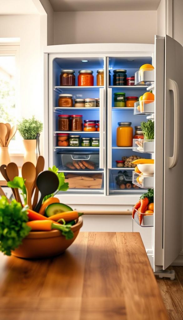 A modern, organized kitchen featuring a sleek, white refrigerator filled with colorful jars and containers of home-cooked meals and fresh ingredients, symbolizing preparation for family recipes. In the foreground, a wooden countertop holds cooking utensils and a vibrant bowl of seasonal vegetables, suggesting a warm, inviting atmosphere. The middle ground showcases the refrigerator with its doors slightly open, showcasing the neatly arranged items inside. The background includes soft, natural lighting filtering through a window, casting gentle shadows and highlighting the cozy details of the kitchen. The overall mood is inspiring and authentic, reflecting a Pinterest-worthy aesthetic. Include a subtle logo of "KlickKiste" on the fridge, seamlessly integrated into the design.