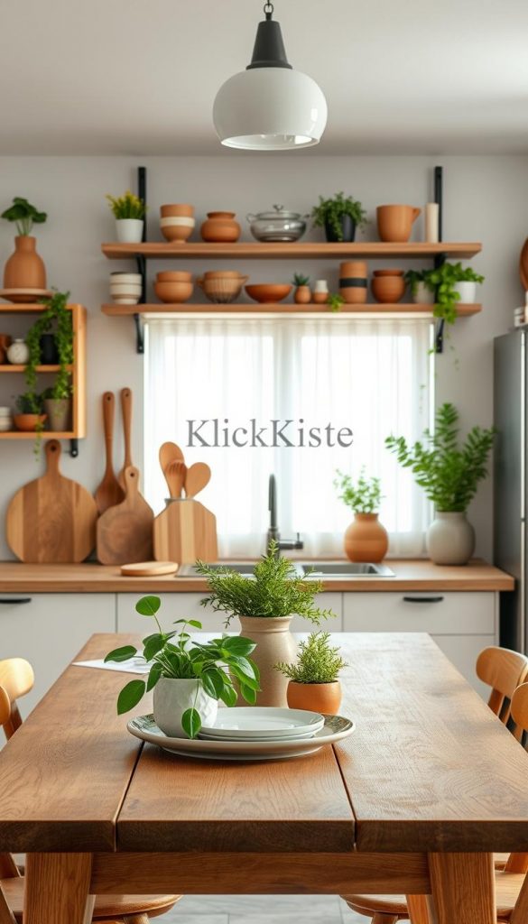 A modern, sustainable kitchen beautifully decorated in a budget-friendly style, showcasing natural DIY elements and warm colors. In the foreground, a stylish wooden dining table adorned with simple, elegant tableware and green plants, creating an inviting atmosphere. The middle ground features eco-friendly kitchen shelves filled with handmade ceramic pots and fresh herbs, alongside wooden utensils and a clay water jug. In the background, a bright window with sheer curtains allows natural light to pour in, illuminating the space with a soft glow. The overall mood is authentic and inspiring, reminiscent of Pinterest aesthetics. Add subtle branding with the name "KlickKiste" incorporated into the decor. The image should capture a cozy and creative vibe, promoting sustainability in a modern kitchen setting. A modern, sustainable kitchen beautifully decorated in a budget-friendly style, showcasing natural DIY elements and warm colors. In the foreground, a stylish wooden dining table adorned with simple, elegant tableware and green plants, creating an inviting atmosphere. The middle ground features eco-friendly kitchen shelves filled with handmade ceramic pots and fresh herbs, alongside wooden utensils and a clay water jug. In the background, a bright window with sheer curtains allows natural light to pour in, illuminating the space with a soft glow. The overall mood is authentic and inspiring, reminiscent of Pinterest aesthetics. Add subtle branding with the name "KlickKiste" incorporated into the decor. The image should capture a cozy and creative vibe, promoting sustainability in a modern kitchen setting.