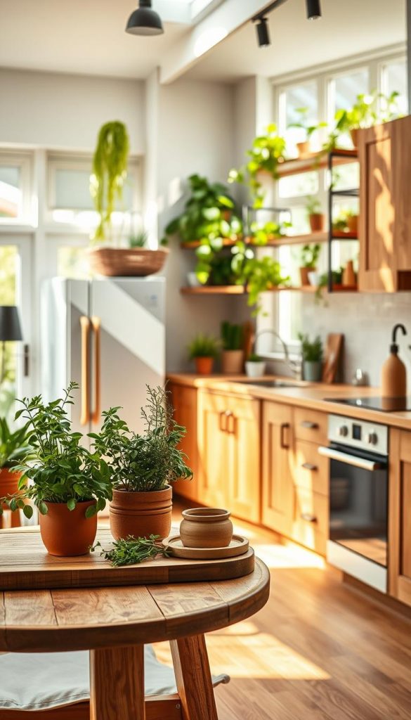 A modern, sustainable kitchen filled with natural light, showcasing eco-friendly DIY projects. In the foreground, a small wooden table is adorned with fresh herbs in terracotta pots, along with reusable kitchen tools made from bamboo and glass. The middle ground features energy-efficient appliances, such as a refrigerator and an induction cooktop, integrated seamlessly into cabinets made from reclaimed wood. In the background, large windows allow sunlight to flood in, highlighting a vibrant indoor garden with plants cascading down shelves. The color palette consists of warm earth tones. The ambiance is inviting and inspiring, evoking a sense of safety and mindfulness in cooking. Capture this scene using soft, diffused lighting, simulating a cozy afternoon in a KlikKiste kitchen, focusing on sustainability and practical energy solutions.