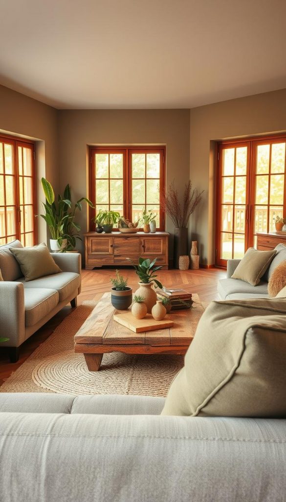 A modern sustainable living room designed in harmonious earthy tones, featuring natural materials and eco-friendly colors. The foreground showcases a cozy seating area with a soft texture fabric sofa, accented with cushions in muted greens and browns. In the middle, a reclaimed wooden coffee table sits atop a jute rug, adorned with plants in ceramic pots, emphasizing an eco-conscious aesthetic. The background reveals large windows allowing warm, soft daylight to filter in, illuminating the space and highlighting the use of upcycled furniture. The walls are painted in soothing, organic hues, enhancing the inviting and stylish atmosphere. The overall mood is authentic and inspiring, suitable for a Pinterest aesthetic. The logo "KlickKiste" subtly appears on a decorative item in the room, reinforcing the theme of sustainable design.