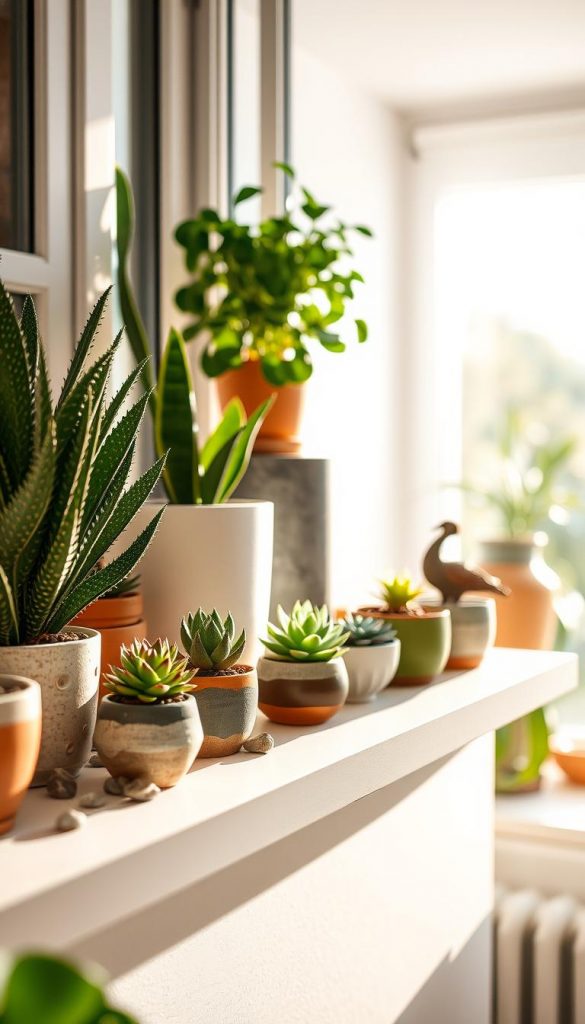A modern window ledge decorated with a tasteful selection of potted plants and decorative items, illustrating common mistakes like overcrowding and poor proportions. In the foreground, a small, stylish succulents arrangement in handmade pots, with a few scattered decorative stones. The middle layer showcases a few larger plant pots, balanced in size and color, enhancing the aesthetic without overwhelming the space. The background includes a soft-focus view of a bright, inviting room with natural light streaming through the window, creating warm shadows. The atmosphere conveys a sense of tranquility and inspiration, perfect for DIY decor enthusiasts. The scene subtly incorporates elements branded with "KlickKiste" to evoke a cozy, creative vibe, presented in a Pinterest-inspired style. A modern window ledge decorated with a tasteful selection of potted plants and decorative items, illustrating common mistakes like overcrowding and poor proportions. In the foreground, a small, stylish succulents arrangement in handmade pots, with a few scattered decorative stones. The middle layer showcases a few larger plant pots, balanced in size and color, enhancing the aesthetic without overwhelming the space. The background includes a soft-focus view of a bright, inviting room with natural light streaming through the window, creating warm shadows. The atmosphere conveys a sense of tranquility and inspiration, perfect for DIY decor enthusiasts. The scene subtly incorporates elements branded with "KlickKiste" to evoke a cozy, creative vibe, presented in a Pinterest-inspired style.