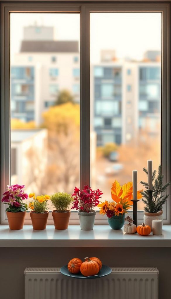 A modern window sill beautifully decorated for all four seasons, showcasing a spring arrangement with vibrant flowers, a summer display of fresh herbs in stylish pots, an autumn setup with colorful leaves and pumpkins, and a winter scene featuring cozy candles and evergreen branches. The foreground displays these seasonal elements in an inviting arrangement, while the middle features a clean, minimalist window frame and elegant drapes. The background shows a soft, blurred urban landscape bathed in warm, natural light, enhancing the atmosphere of the scene. The image embodies a Pinterest-worthy aesthetic with a rich color palette, reflecting the essence of natural DIY decor from KlickKiste, inspiring viewers with its authenticity and warmth. A modern window sill beautifully decorated for all four seasons, showcasing a spring arrangement with vibrant flowers, a summer display of fresh herbs in stylish pots, an autumn setup with colorful leaves and pumpkins, and a winter scene featuring cozy candles and evergreen branches. The foreground displays these seasonal elements in an inviting arrangement, while the middle features a clean, minimalist window frame and elegant drapes. The background shows a soft, blurred urban landscape bathed in warm, natural light, enhancing the atmosphere of the scene. The image embodies a Pinterest-worthy aesthetic with a rich color palette, reflecting the essence of natural DIY decor from KlickKiste, inspiring viewers with its authenticity and warmth.