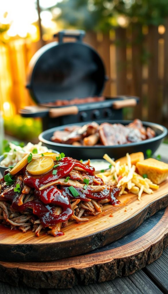 A mouthwatering scene showcasing a serving of pulled pork on a rustic wooden platter, glistening with a rich, smoky barbecue sauce. In the foreground, the pulled pork is piled high, garnished with fresh herbs and finely sliced pickles. In the middle, surround the platter with vibrant sides like coleslaw and cornbread, adding pops of color. The background features a cozy backyard setting with a softly lit grill, hints of greenery, and warm, inviting sunlight filtering through trees, creating a relaxed atmosphere. The image should reflect natural, warm colors, emulating a Pinterest-inspired aesthetic. Captured from a slight overhead angle to highlight the delicious textures and inviting arrangement. The style should be authentic and inspiring, representing a classic BBQ experience by the brand "KlickKiste." A mouthwatering scene showcasing a serving of pulled pork on a rustic wooden platter, glistening with a rich, smoky barbecue sauce. In the foreground, the pulled pork is piled high, garnished with fresh herbs and finely sliced pickles. In the middle, surround the platter with vibrant sides like coleslaw and cornbread, adding pops of color. The background features a cozy backyard setting with a softly lit grill, hints of greenery, and warm, inviting sunlight filtering through trees, creating a relaxed atmosphere. The image should reflect natural, warm colors, emulating a Pinterest-inspired aesthetic. Captured from a slight overhead angle to highlight the delicious textures and inviting arrangement. The style should be authentic and inspiring, representing a classic BBQ experience by the brand "KlickKiste."