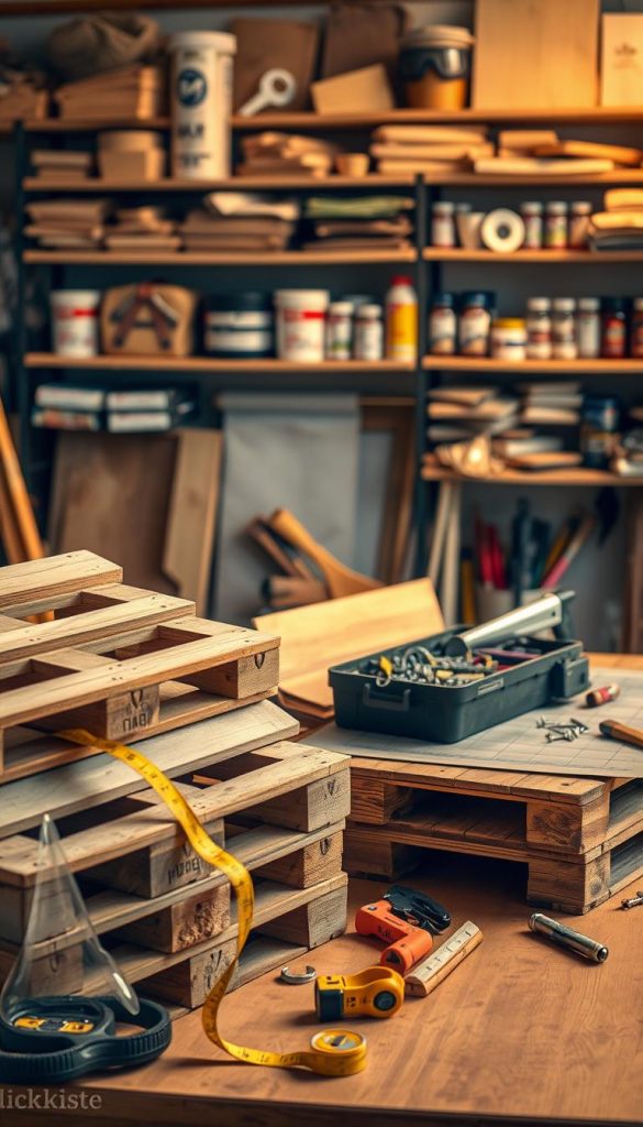 A neatly arranged workspace showcasing a variety of DIY tools and materials, specifically focusing on wooden pallets, with warm, inviting lighting that creates a cozy atmosphere. In the foreground, a stack of weathered wooden pallets, some partially disassembled, alongside a measuring tape, saw, and paintbrushes. The middle ground features a toolbox filled with screws, nails, and a level, positioned next to a cutting mat. In the background, softly blurred shelves lined with various DIY materials like sandpaper, wood stain, and safety goggles, all emphasizing a Pinterest-inspired aesthetic. The image should embody authenticity and inspiration, reflecting the brand "KlickKiste" for a warm, natural DIY vibe.