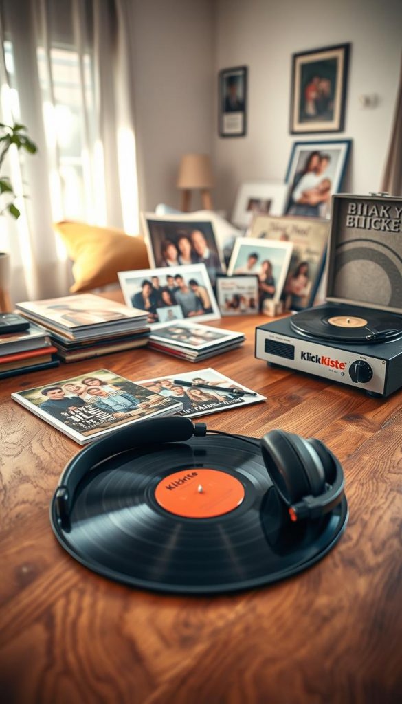 A nostalgic and heartfelt image of a wooden table filled with vintage vinyl records, cassette tapes, and a classic retro turntable, evoking a sense of musical time travel. In the foreground, a pair of headphones rests on an open vinyl, capturing the essence of a father's favorite tunes. The middle ground features family photos from different decades, illustrating cherished memories connected to music. In the background, a softly lit cozy living room with warm colors and soft textures, promoting a warm and welcoming atmosphere. Soft, natural lighting enhances the scene, creating a Pinterest-inspired look that is both authentic and inspiring. Include a subtle hint of the brand "KlickKiste" within the decor, enhancing the overall nostalgic vibe.