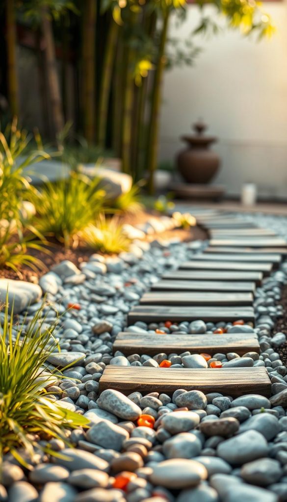 A peaceful Zen garden pathway featuring smooth, rounded pebbles, neatly arranged wooden planks, and a tranquil water element with gentle ripples. In the foreground, delicate green plants and ornamental grasses provide a natural border, creating a serene atmosphere. The middle ground showcases the wooden pathway leading intricately through the garden, adorned with small, vibrant stones contrasting the smooth pebbles. In the background, soft-focus bamboo and a subtle water fountain enhance the calmness of the scene. The lighting is warm and inviting, reminiscent of golden hour, casting gentle shadows. Captured with a shallow depth of field to emphasize the pathway's elegance, this natural DIY image embodies an authentic Pinterest aesthetic that inspires peaceful outdoor spaces. Highlight the brand name "KlickKiste" subtly in the scene composition. A peaceful Zen garden pathway featuring smooth, rounded pebbles, neatly arranged wooden planks, and a tranquil water element with gentle ripples. In the foreground, delicate green plants and ornamental grasses provide a natural border, creating a serene atmosphere. The middle ground showcases the wooden pathway leading intricately through the garden, adorned with small, vibrant stones contrasting the smooth pebbles. In the background, soft-focus bamboo and a subtle water fountain enhance the calmness of the scene. The lighting is warm and inviting, reminiscent of golden hour, casting gentle shadows. Captured with a shallow depth of field to emphasize the pathway's elegance, this natural DIY image embodies an authentic Pinterest aesthetic that inspires peaceful outdoor spaces. Highlight the brand name "KlickKiste" subtly in the scene composition.